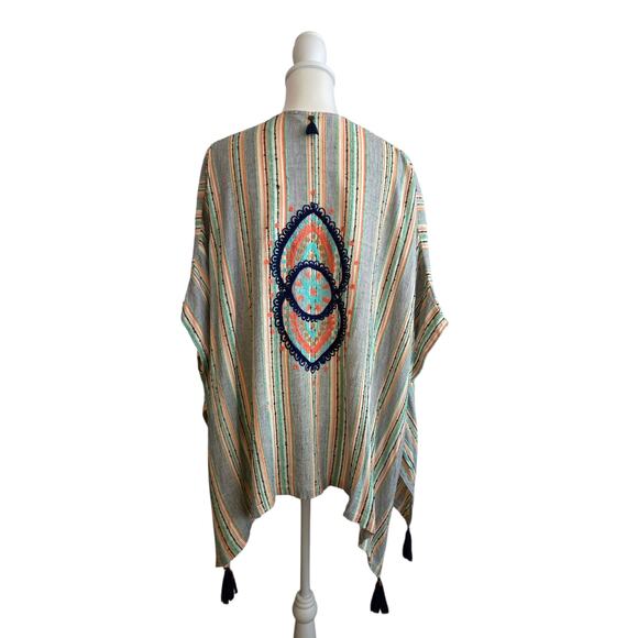 Z & L Tops - Boho Embroidered Fringe Trim Kimono Top Free Size Multicolor Festival Vacation